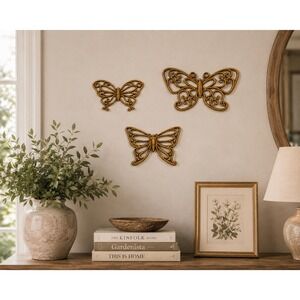 Vintage Burwood Products Butterfly Wall Decor Set of 3 Gold MCM 1970s USA Ratan